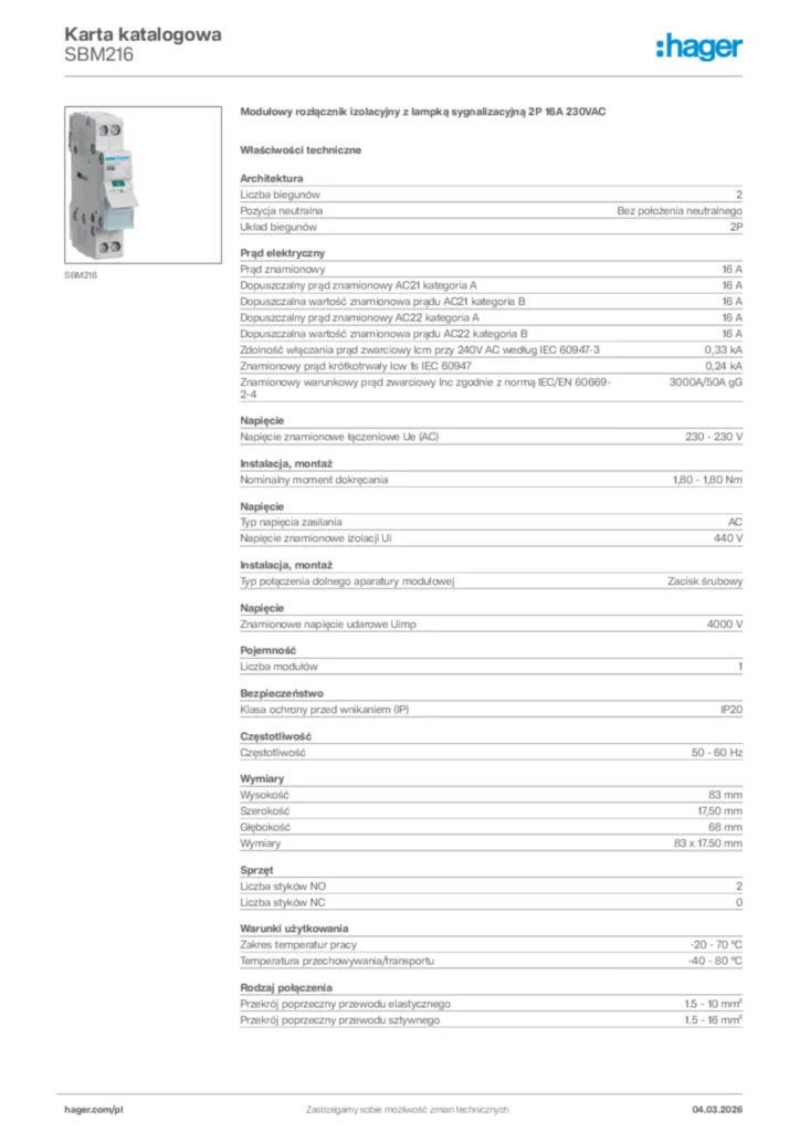 Zdjęcie Hager Karta katalogowa SBM216 | Hager Polska