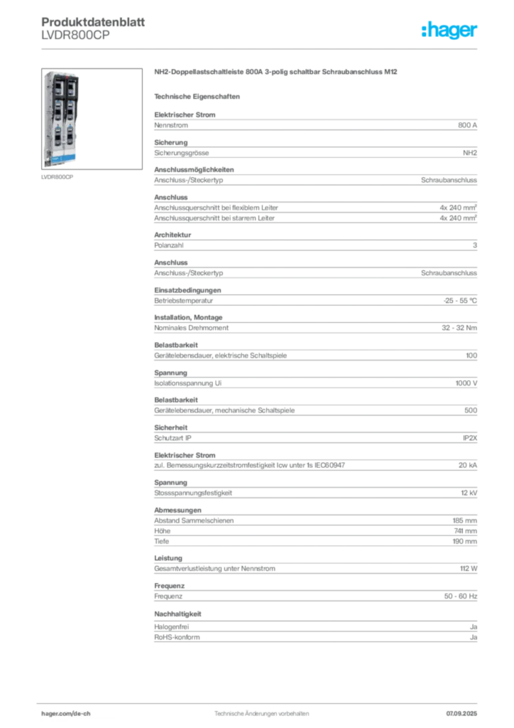 Bild Hager Produktdatenblatt LVDR800CP | Hager Schweiz