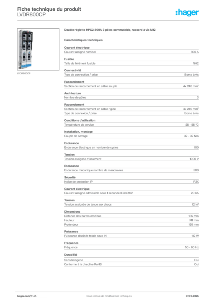 Image Hager Fiche technique du produit LVDR800CP | Hager Suisse