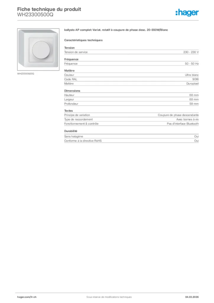 Image Hager Fiche technique du produit WH23300500Q | Hager Suisse