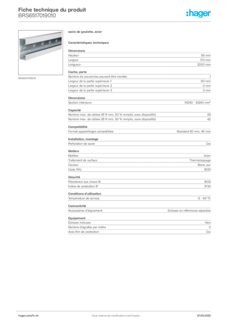 Image Hager Fiche technique du produit BRS6517019010 | Hager Suisse
