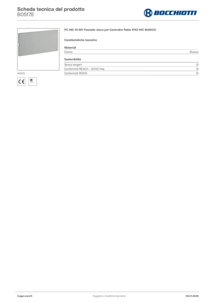 Immagine Bocchiotti Scheda tecnica del prodotto B05178 | Hager Italia