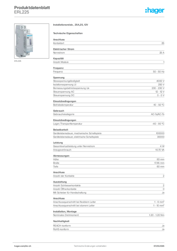 Bild Hager Produktdatenblatt ERL225 | Hager Schweiz