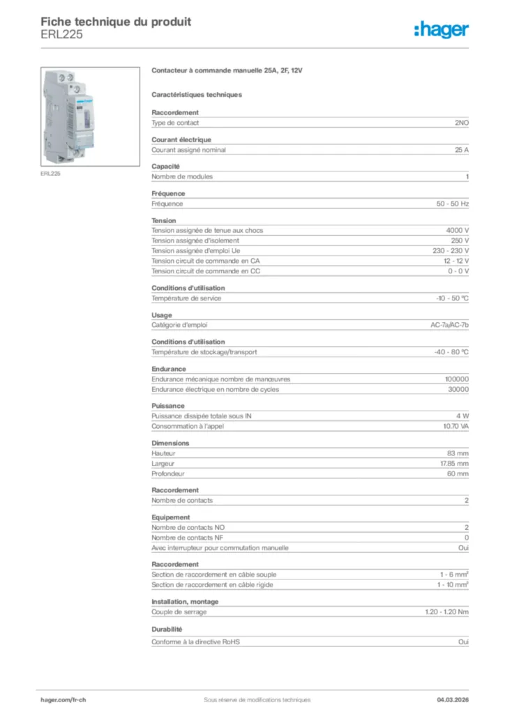 Image Hager Fiche technique du produit ERL225 | Hager Suisse