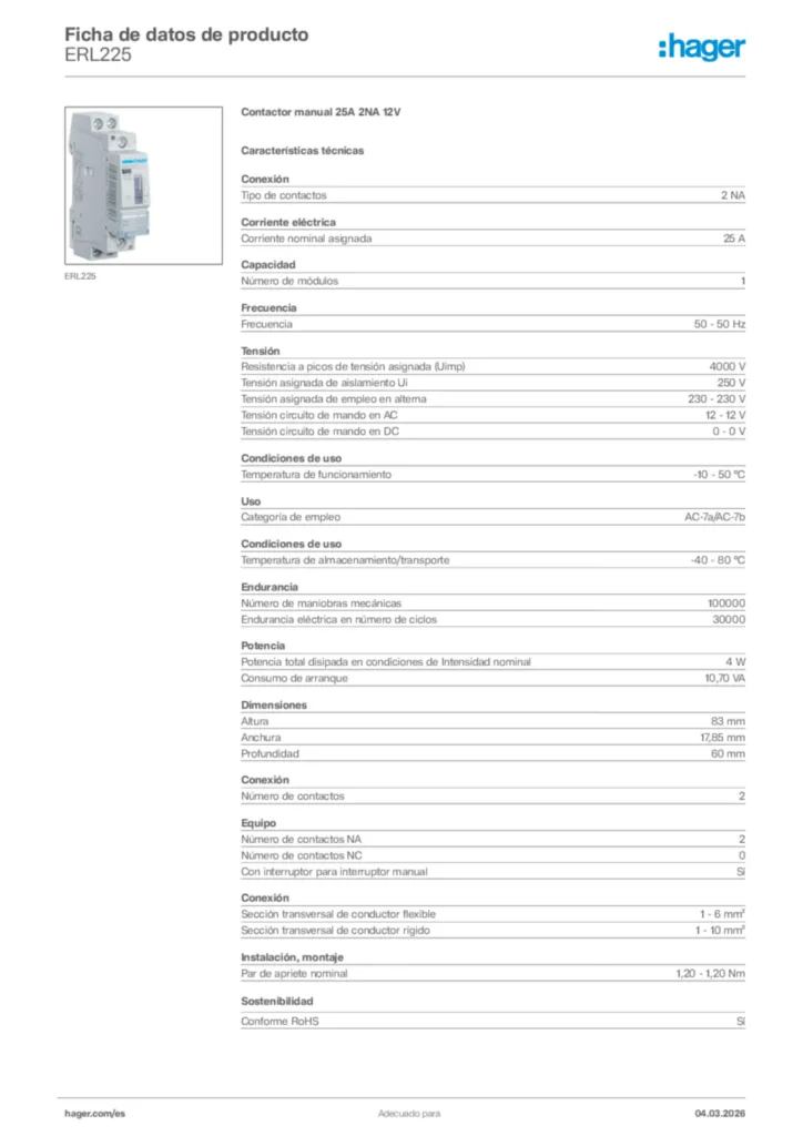 Imagen Hager Ficha de datos de producto ERL225 | Hager España