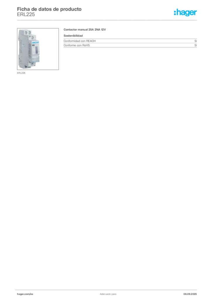 Imagen Hager Ficha de datos de producto ERL225 | Hager España