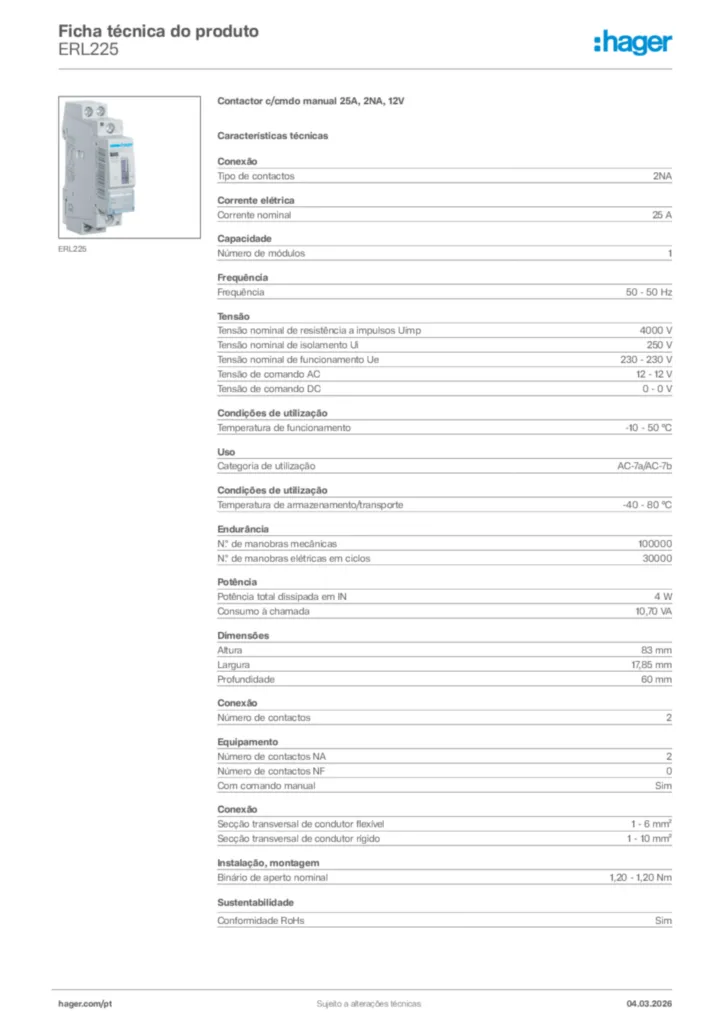 Imagem Hager Ficha técnica do produto ERL225 | Hager Portugal