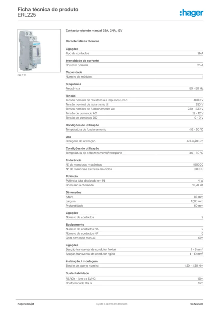 Imagem Hager Ficha técnica do produto ERL225 | Hager Portugal
