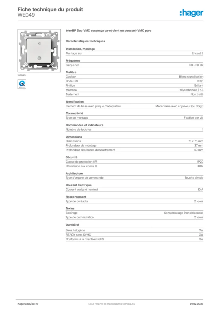 Image Hager Fiche technique du produit WE049 | Hager Afrique