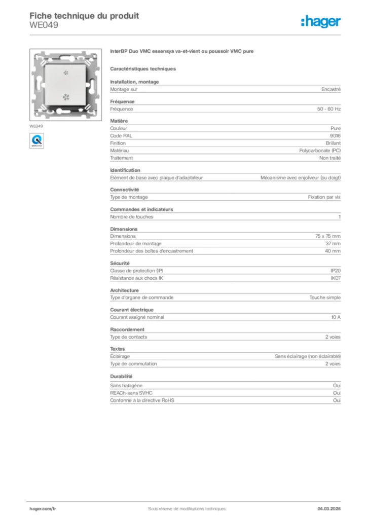 Image Hager Fiche technique du produit WE049 | Hager France