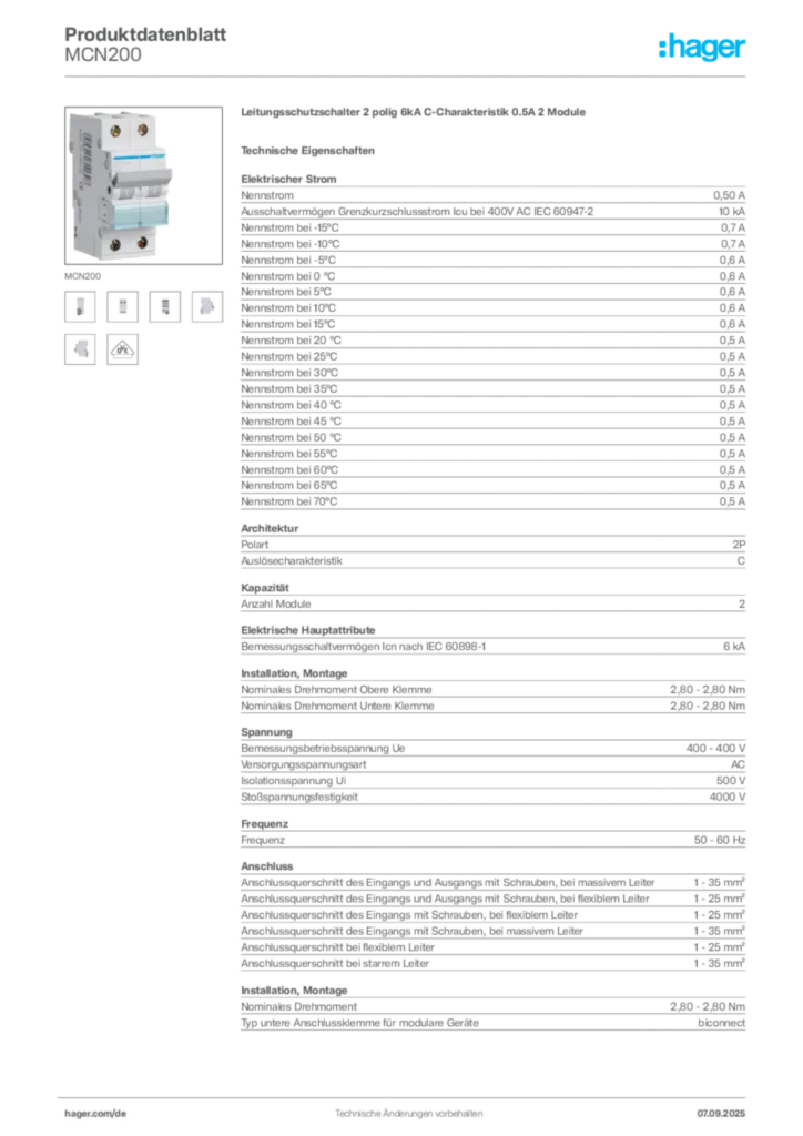Bild Hager Produktdatenblatt MCN200 | Hager Deutschland