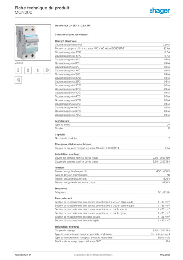 Image Hager Fiche technique du produit MCN200 | Hager Suisse