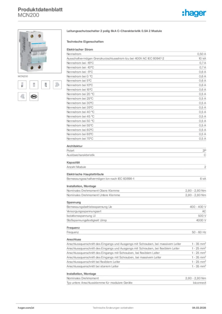 Bild Hager Produktdatenblatt MCN200 | Hager Deutschland