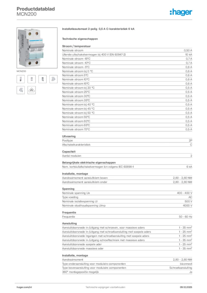 Afbeelding Hager Productdatablad MCN200 | Hager Nederland