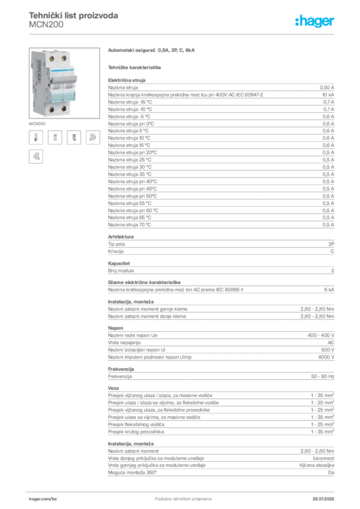 Slika Hager Product data sheet MCN200  | Hager