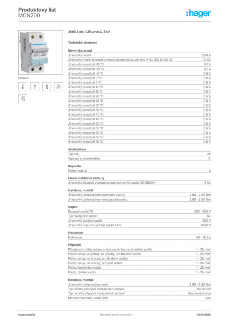 Obrázek Hager Produktový list MCN200 | Hager