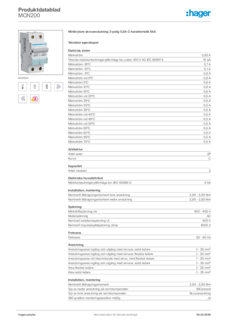 Bild Hager Produktdatablad MCN200 | Hager Sverige