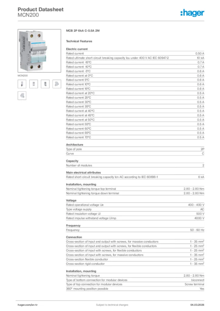 Image Hager Product data sheet MCN200  | Hager