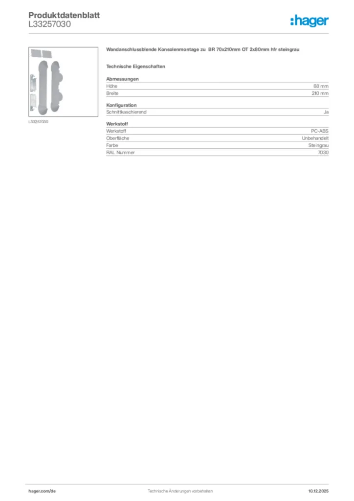 Bild Hager Produktdatenblatt L33257030 | Hager Deutschland