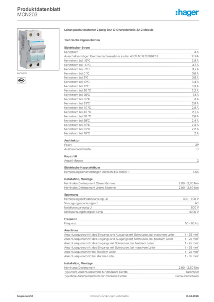 Bild Hager Produktdatenblatt MCN203 | Hager Deutschland