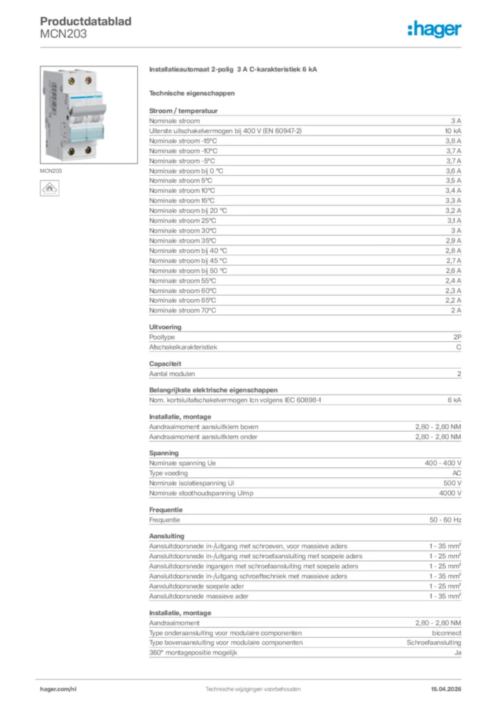 Afbeelding Hager Productdatablad MCN203 | Hager Nederland