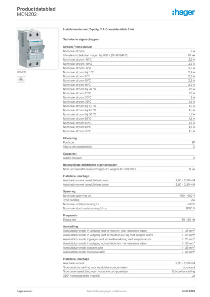 Afbeelding Hager Productdatablad MCN202 | Hager Nederland