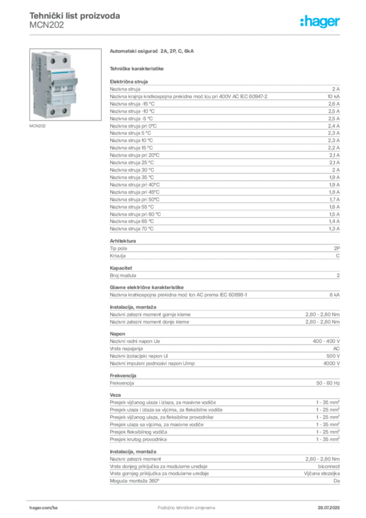 Slika Hager Product data sheet MCN202  | Hager