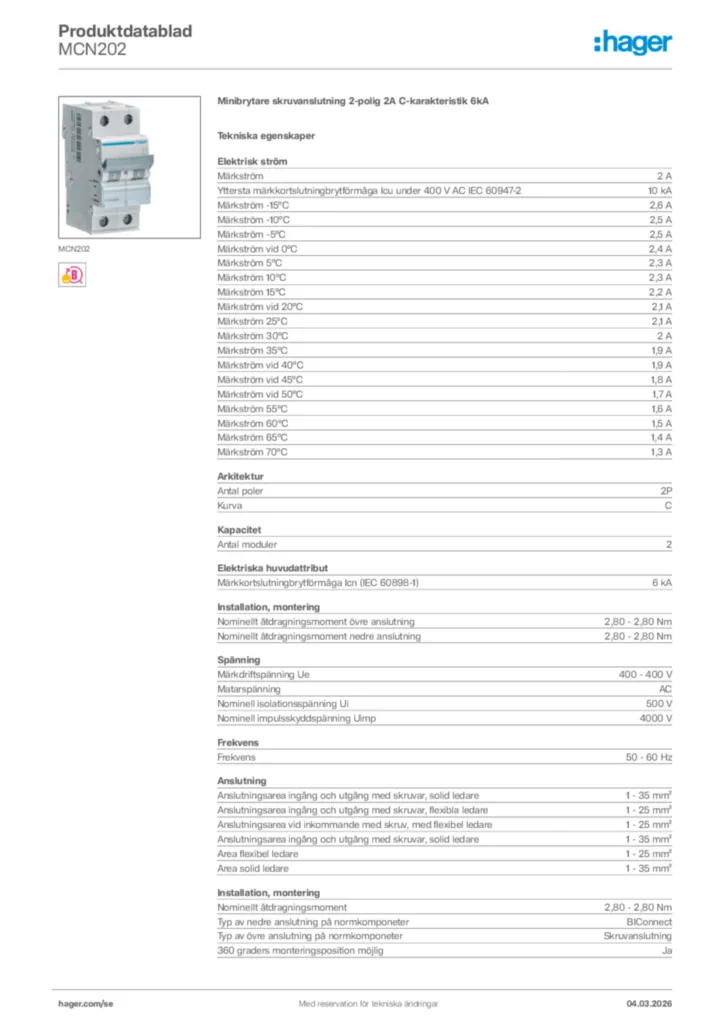 Bild Hager Produktdatablad MCN202 | Hager Sverige