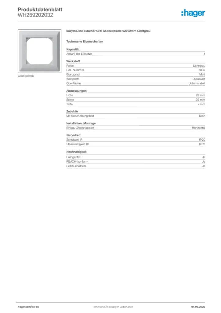 Bild Hager Produktdatenblatt WH25920203Z | Hager Schweiz