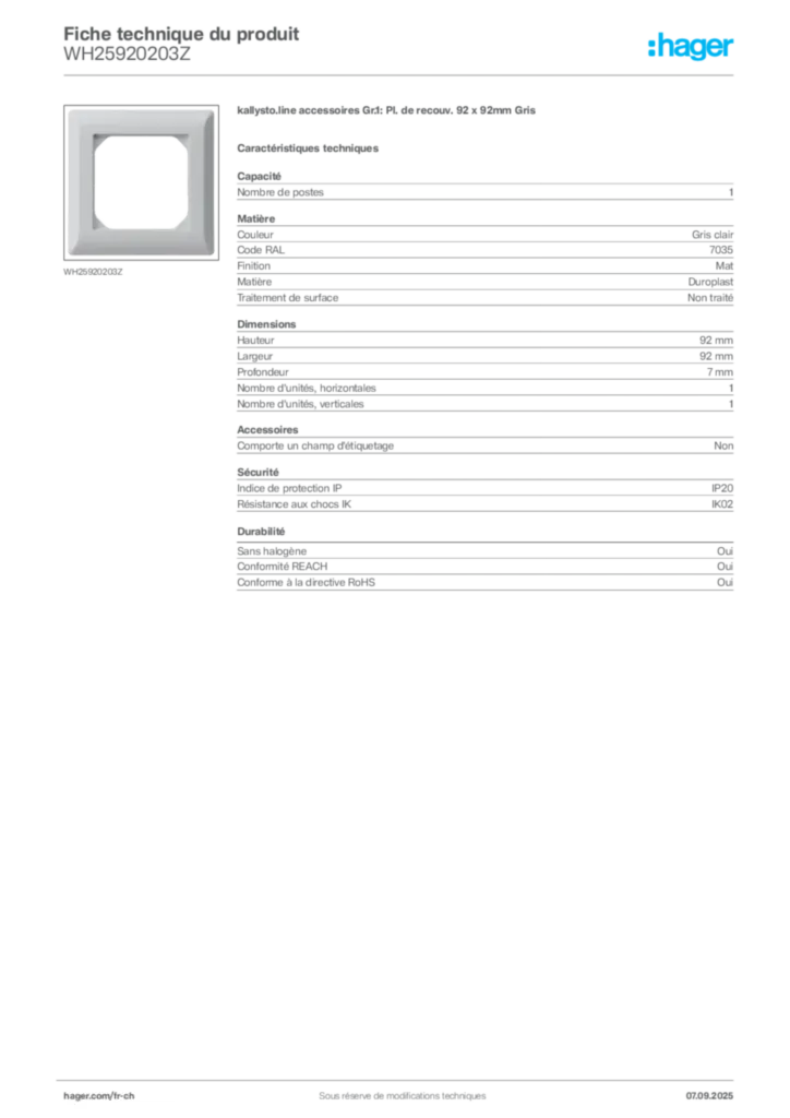 Image Hager Fiche technique du produit WH25920203Z | Hager Suisse