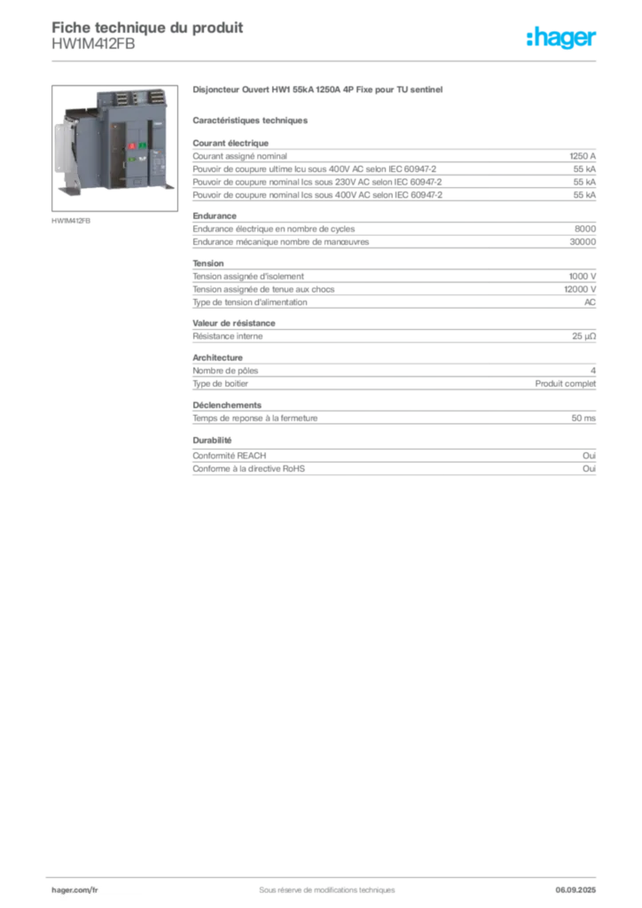Image Hager Fiche technique du produit HW1M412FB | Hager France