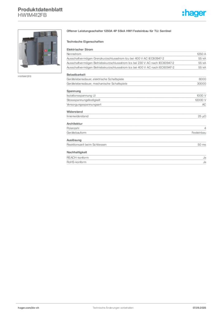 Bild Hager Produktdatenblatt HW1M412FB | Hager Schweiz