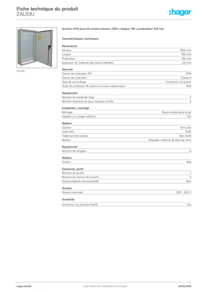 Image Hager Fiche technique du produit ZAL83U | Hager France