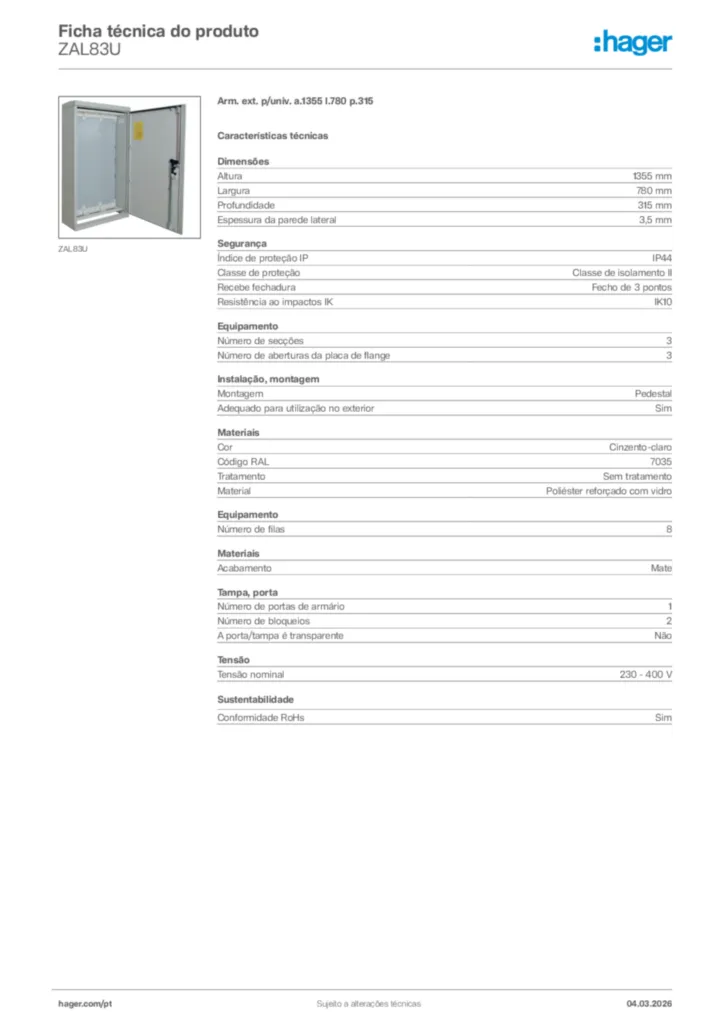 Imagem Hager Ficha técnica do produto ZAL83U | Hager Portugal
