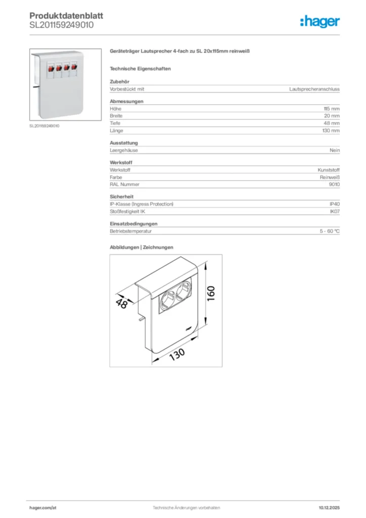Bild Hager Produktdatenblatt SL201159249010 | Hager Deutschland