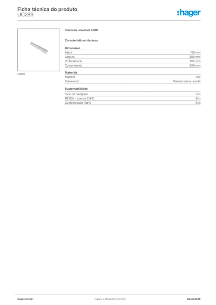 Imagem Hager Ficha técnica do produto UC289 | Hager Portugal