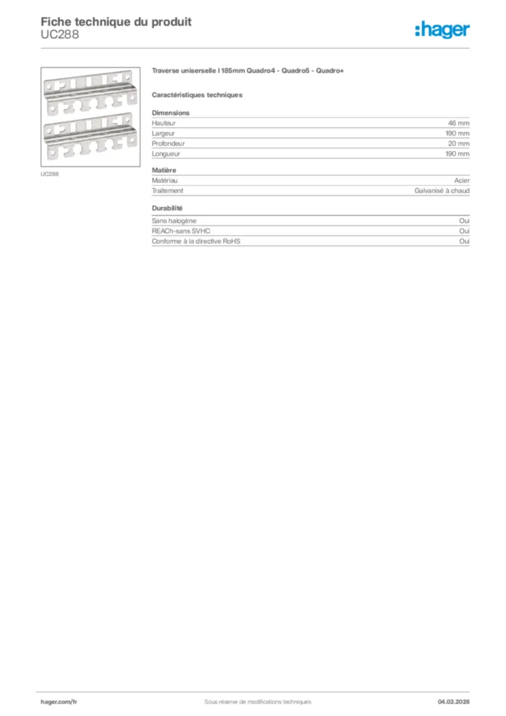 Image Hager Fiche technique du produit UC288 | Hager France