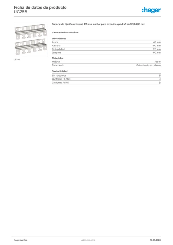 Imagen Hager Ficha de datos de producto UC288 | Hager España