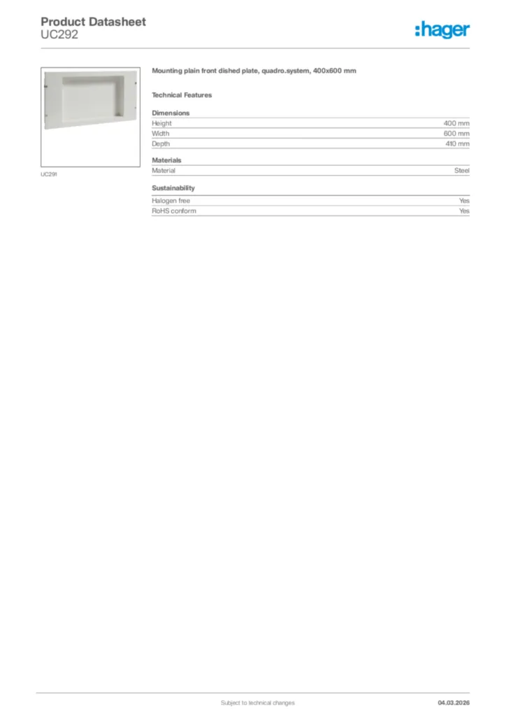Image Hager Product data sheet UC292  | Hager Africa