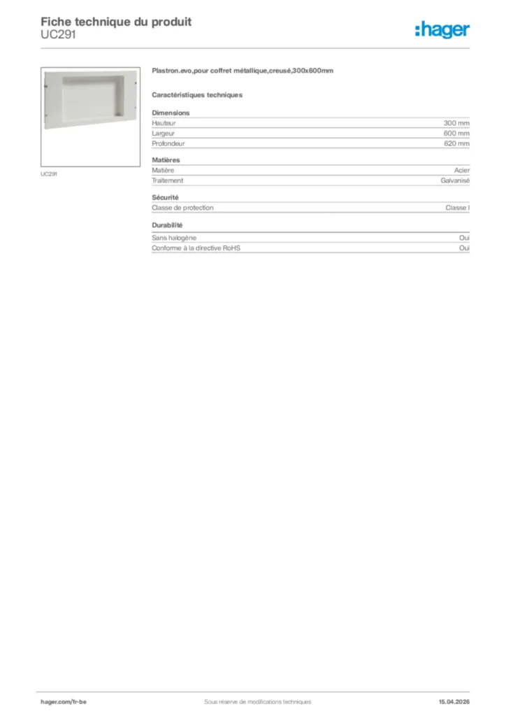 Image Hager Fiche technique du produit UC291 | Hager Belgique