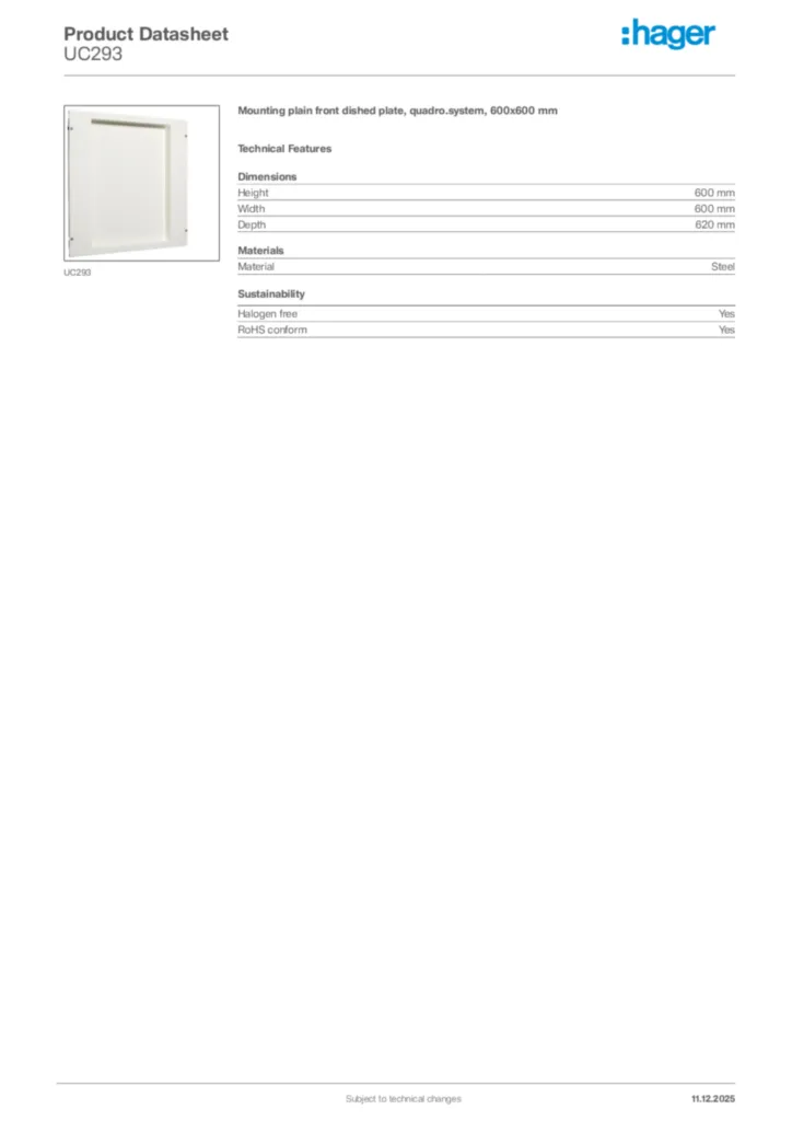 Image Hager Product data sheet UC293  | Hager Africa