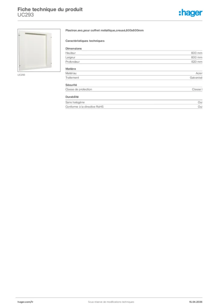 Image Hager Fiche technique du produit UC293 | Hager France