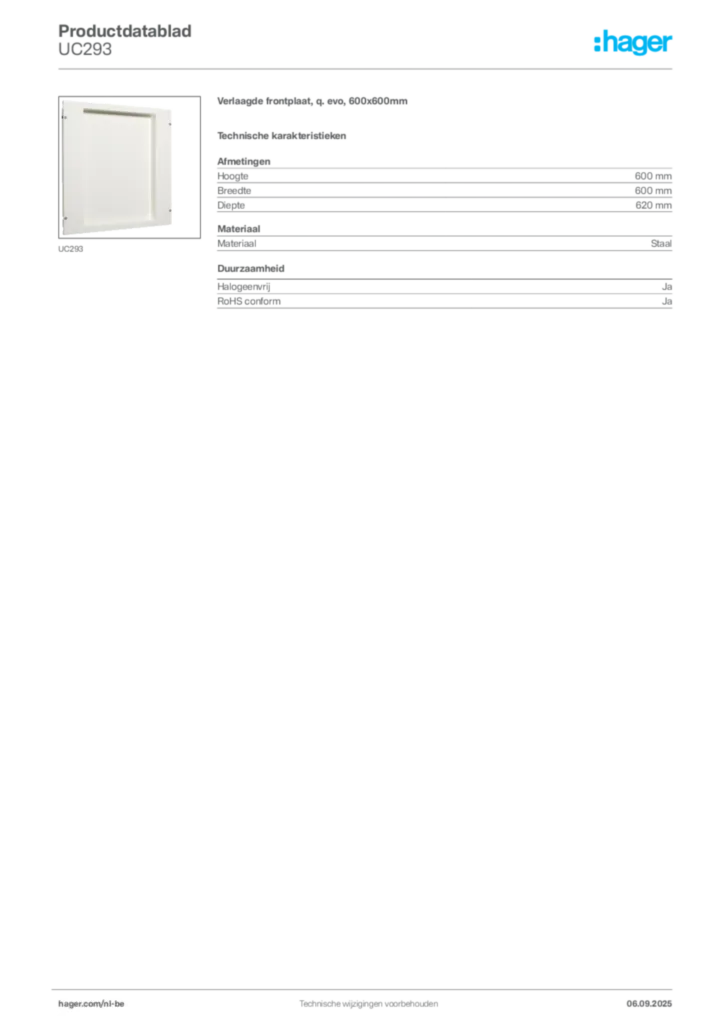 Afbeelding Hager Productdatablad UC293 | Hager Belgium