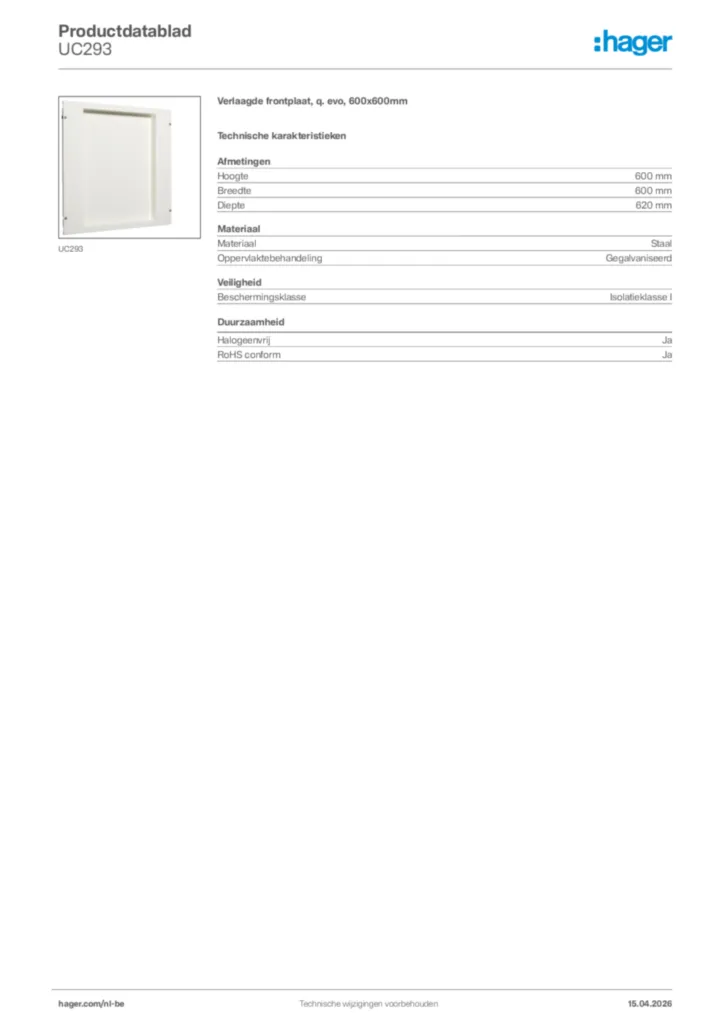 Afbeelding Hager Productdatablad UC293 | Hager Belgium