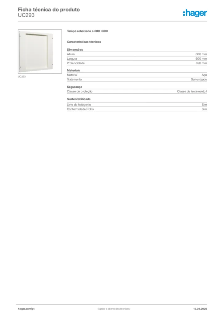 Imagem Hager Ficha técnica do produto UC293 | Hager Portugal