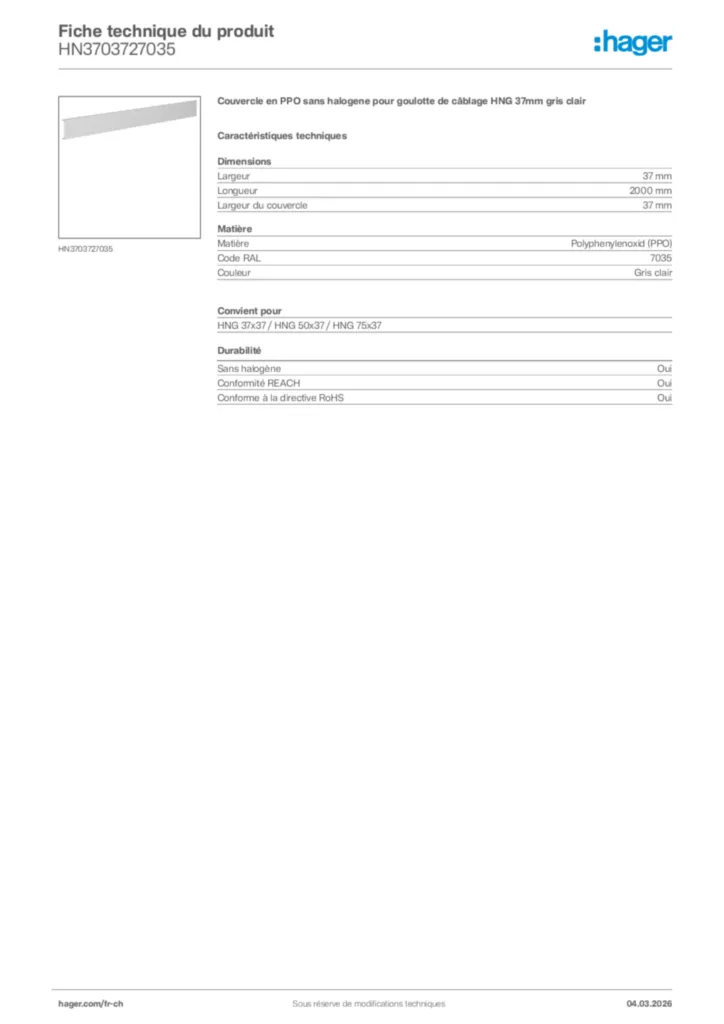 Image Hager Fiche technique du produit HN3703727035 | Hager Suisse