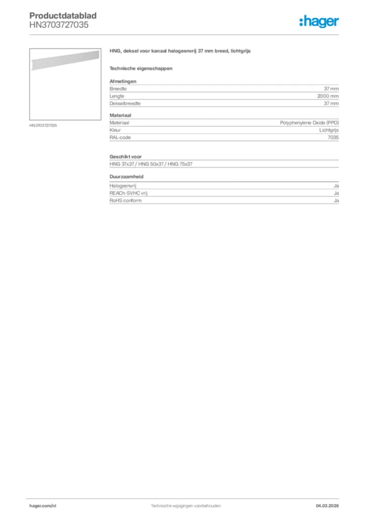 Afbeelding Hager Productdatablad HN3703727035 | Hager Nederland