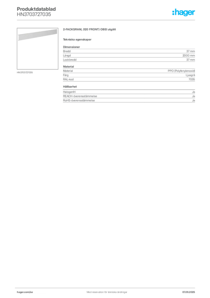 Bild Hager Produktdatablad HN3703727035 | Hager Sverige