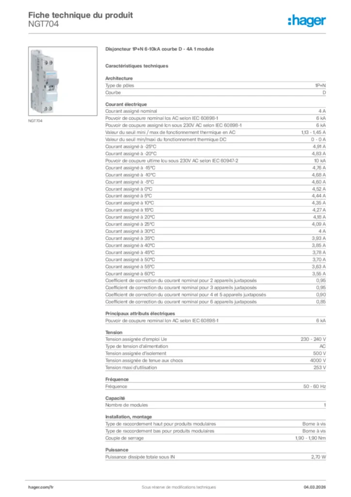 Image Hager Fiche technique du produit NGT704 | Hager France