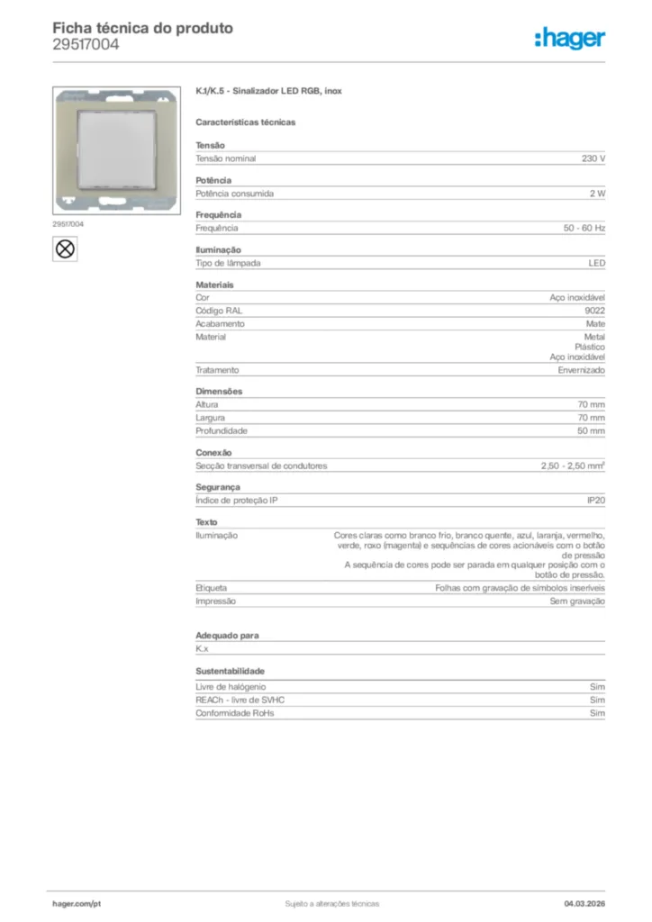 Imagem Hager Ficha técnica do produto 29517004 | Hager Portugal